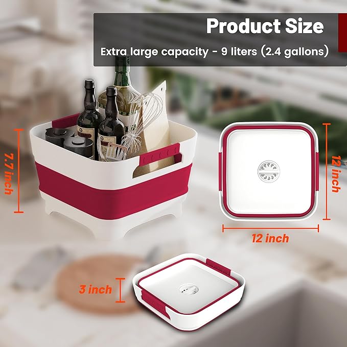 2.4 Gal Collapsbile Wash Basin with Drian Plug,9L Dish Pan for Soaking Baby Bottles,Portable Sink, Multiuse Foldable Bucket,Ice Beverage Tubs for Camping, Vegetable Washing, RV (Viva Magenta)-NeatNest