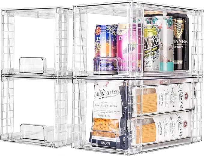 2Pack Large Stackable Kitchen Storage Drawers, Clear Foods Organizer Bins with Handles, Easily Assemble for Bathroom, Kitchen, Pantry, Cabinet, Closet(XL-Down Handle)-NeatNest