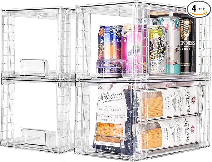 4Pack Large Stackable Kitchen Storage Drawers, Clear Foods Organizer Bins with Handles, Easily Assemble for Bathroom, Kitchen, Pantry, Cabinet, Closet(XL-Down Handle)-NeatNest
