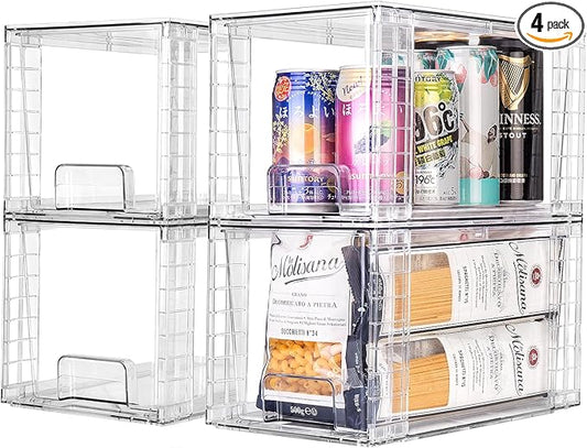 4Pack Large Stackable Kitchen Storage Drawers, Clear Foods Organizer Bins with Handles, Easily Assemble for Bathroom, Kitchen, Pantry, Cabinet, Closet(XL-Down Handle)-NeatNest