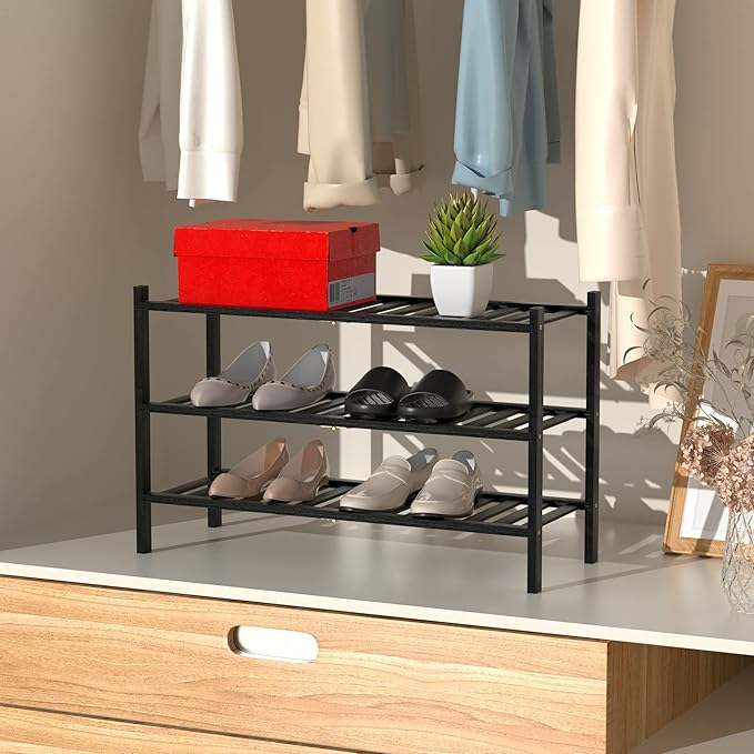 Shoe Rack, 3 Tier Bamboo Shoe Rack for Closet, Stackable Wooden Shoe Organizer, Free Standing Wood Shoe Shelf for Entryway Small Space, 27" x 11" x 20", Black-NeatNest