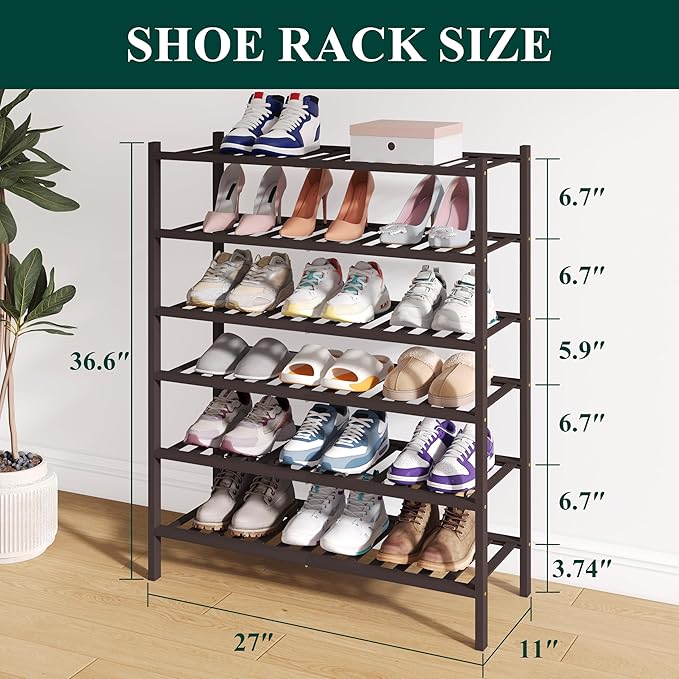 Smiry Bamboo Shoe Rack for Closet, 6 Tier Wooden Stackable Shoe Organizer, Free Standing Shoes Storage Shelf for Entryway, Front Door Entrance, Brown-NeatNest