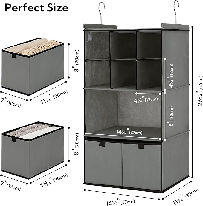 GRANNY SAYS Hanging Closet Organizer with Drawers, 4 Shelf Dividers Closet Hanging Organizer, Foldable Hanging Shelves for Wardrobe Closet, Small Closet Organizers for Clothes Shoes, Grey-NeatNest