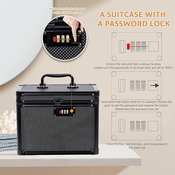 Medication Combination Lock Boxes with Code for Personal Items, Shoulder Medicine Lockbox with Belt for Documents 10 x 7.25 x 7.75 Inches Pure Black