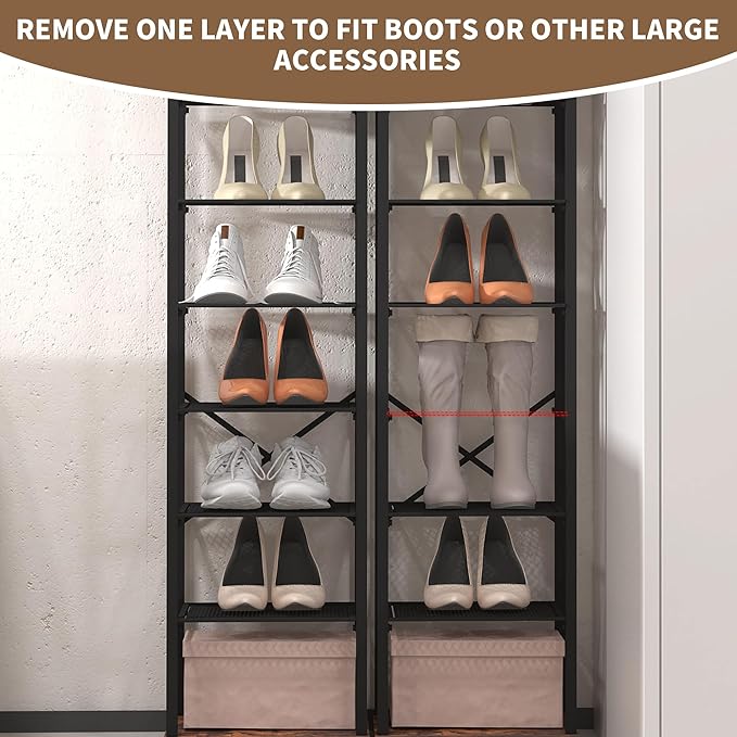 10 Tier Vertical Shoe Rack, Narrow Shoe Storage Organizer with Hooks, Slim Corner Shoe Tower Rack, Adjustable Tall Shoes Shelf, Entryway Living Room Bedroom, Rustic Brown-NeatNest