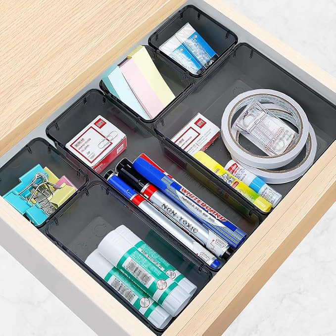 10 PCS Drawer Organizer Set, 4 Varied Size Bathroom and kitchen Drawer cabinet organizer Trays, Clear Storage Bins for Makeup, Jewelry, Utensils and Gadgets, Black-NeatNest