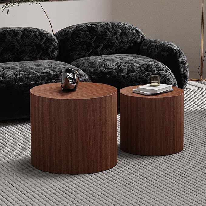 Round Nesting Coffee Table Set of 2 Walnut Round Drum Fluted Coffee Tables for Small Space Modern Stacking Nesting Tables Minimalist Circle Center Table 2 Piece for Living Room (Dark Wood)