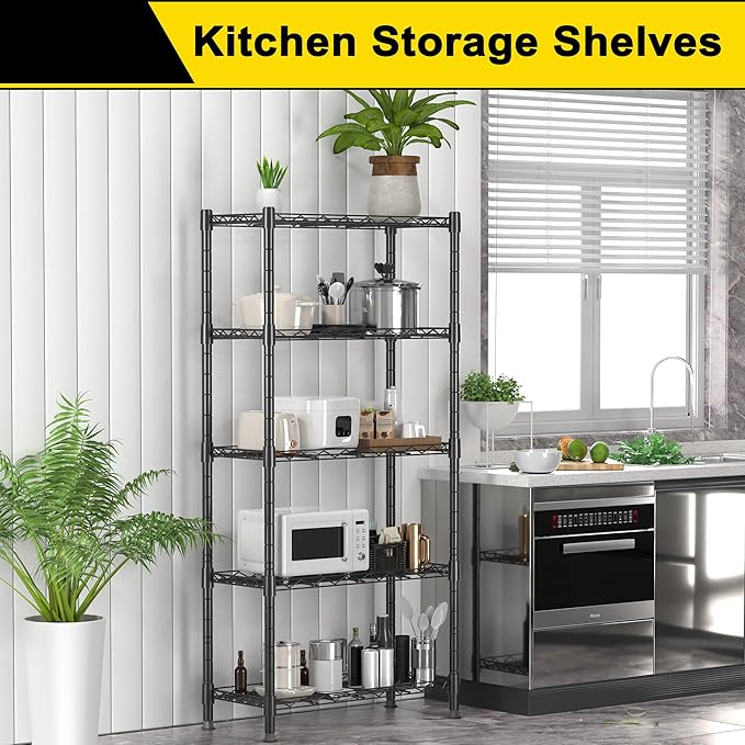 GIOTORENT 5-Wire Garage Shelving Storage Shelves, Kitchen Storage Adjustable Shelf, Metal Shelves 500Lbs Capacity 21" L x 11.8" W x 53.8" H for Laundry Bathroom Pantry Closet, Black