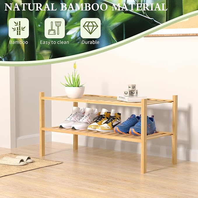 2 Tier Bamboo Shoe Rack for Closet Free Standing Wood Shoe Shelf for Entryway Small Space Stackable 27"x11"x13" (Natural)-NeatNest