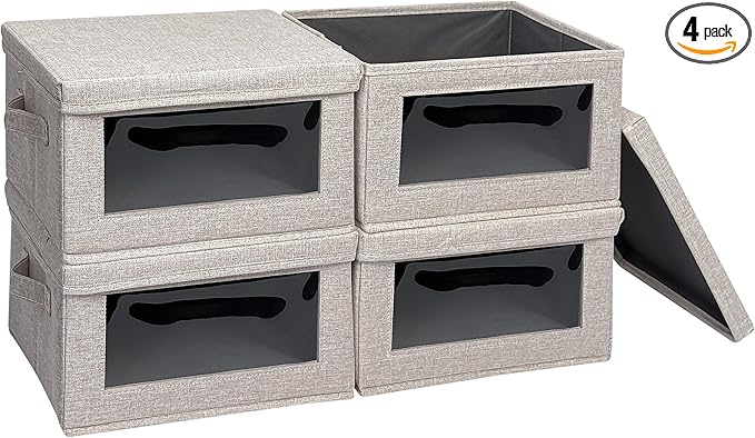 4-Pack Fabric Storage Bins with Lids, Foldable Storage Boxes with Handles & Clear Window, Closet Organizers for Clothes, Books (Oatmeal, 4PCS/11.4 x 8.6 x 6.7 in)-NeatNest