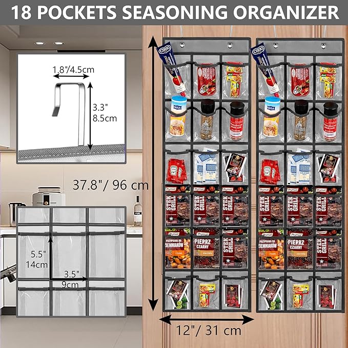 2 Pack Over the Door Pantry Organizer Hanging Seasoning Packet Storage Wall Mount Spice Holder for Kitchen Snack Food Tea Bag (Grey)-NeatNest