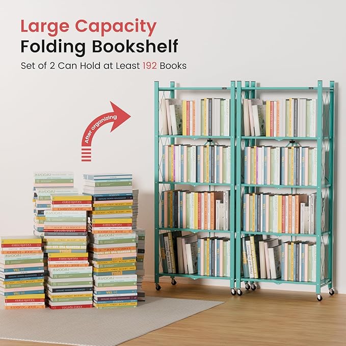 ALANNG 2-Pack Folding Bookshelf on Wheels, Cute Rolling Shelves for Bedroom, Colorful Storage Cart for Kids Rooms, Nursery, No Assembly Metal Book Shelf (5 Tier, Mint Green)