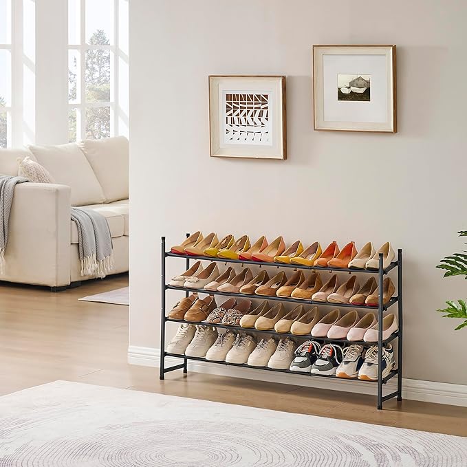 Tajsoon Expandable Shoe Rack for Closet 4 Tier, 29“-41“Adjustable & Stackable Shoe Shelf Storage, Metal Shoe Rack Organizer for Front Door Entrance, Closet, Garage, Entryway, Black-NeatNest
