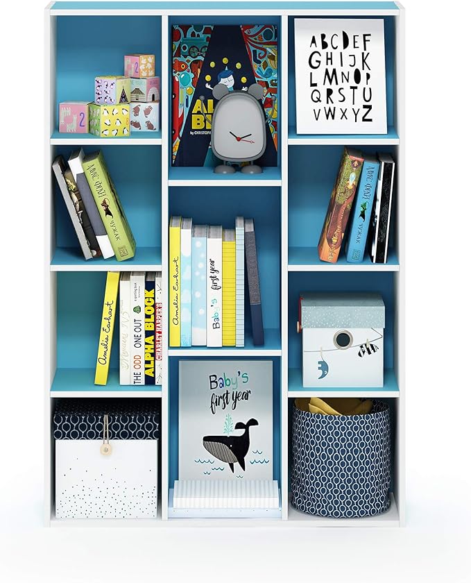 Furinno Luder Bookcase / Book / Storage , 11-Cube, White/Light Blue-NeatNest