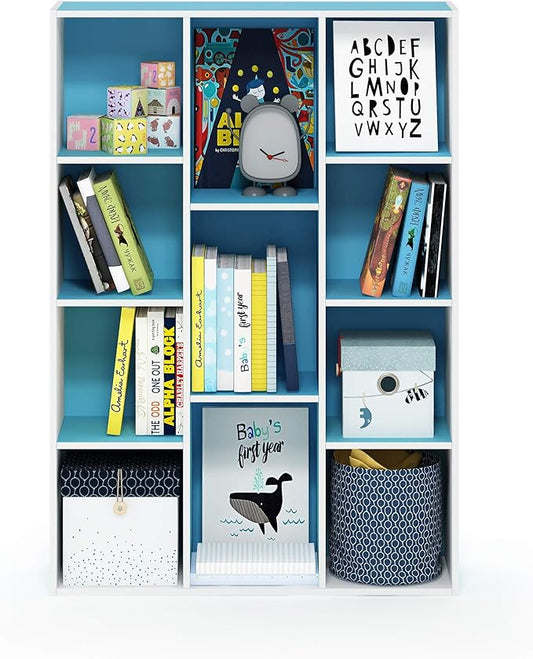 Furinno Luder Bookcase / Book / Storage , 11-Cube, White/Light Blue-NeatNest