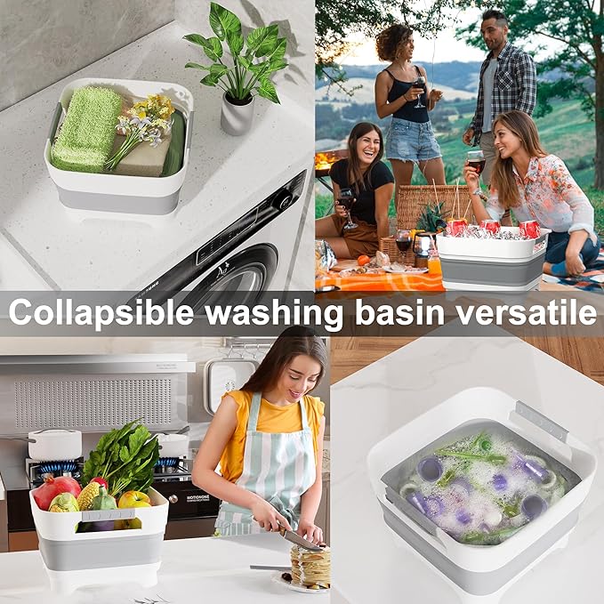 2.4 Gal Collapsbile Wash Basin with Drian Plug,9L Dish Pan for Soaking Baby Bottles,Portable Sink, Multiuse Foldable Bucket,Ice Beverage Tubs for Camping, Vegetable Washing, RV (Gray)-NeatNest