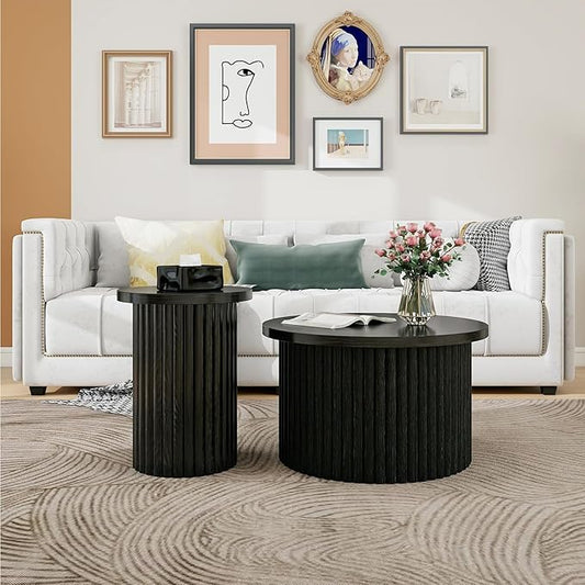 Nesting Round Coffee Table Set of 2,Modern Side Tables Accent End Table for Living Room, Apartment, Black