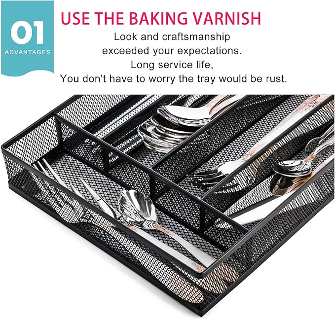 JANE EYRE Utensil Drawer Organizer, Cutlery Tray Silverware Flatware Storage Divider for Kitchen, Mesh Wire with Non-slip Foam Feet, 5 Component, Black-NeatNest
