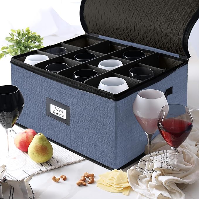 Hearth & Harbor Wine Glass Storage Box with Dividers, Quilted and Stackable Stemware Storage Cases, Service of 12 Glass China Container Hard Shell for Moving and Organization, Blue-NeatNest