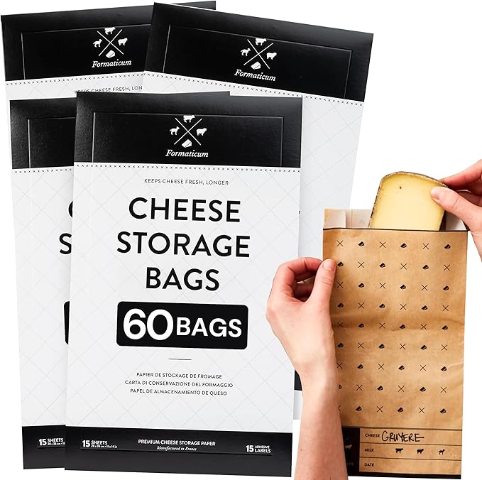 Formaticum - 60-Pack Cheese Storage Bags - 6.25 x 11 Wax Paper Bags to Keep Cheese or Charcuterie Fresh - Professional Grade Cheese Paper for Wrapping Cheese - Porous Brown Paper Bags From France