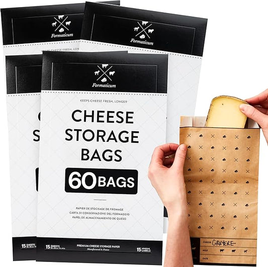 Formaticum - 60-Pack Cheese Storage Bags - 6.25 x 11 Wax Paper Bags to Keep Cheese or Charcuterie Fresh - Professional Grade Cheese Paper for Wrapping Cheese - Porous Brown Paper Bags From France