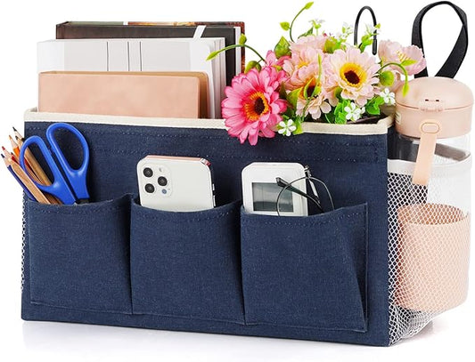Bedside Caddy Bedside Organizer Bedside Storage Caddy with Fixed Straps and Water Bottle Holder for Home College Dorm Bunk Bed Hospital Bed Crib Bed Rails (Navy Blue)-NeatNest