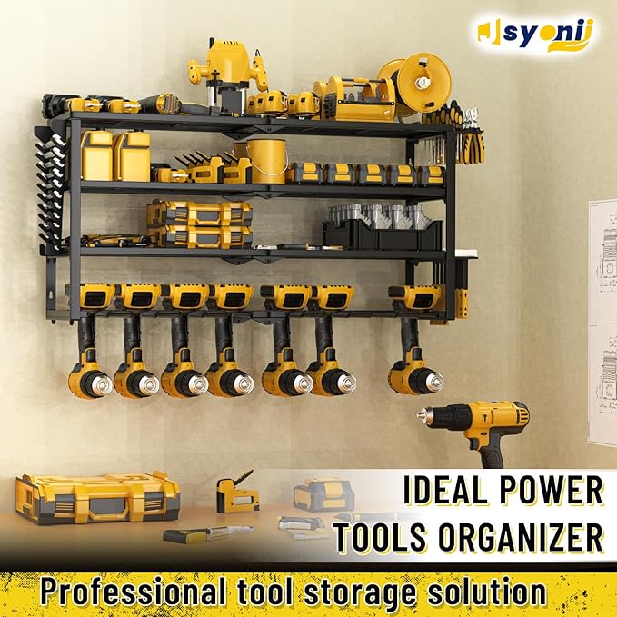 Heavy Duty Power Tool Organizer Wall Mount, Cordless Drill Hanger Storage Rack, Battery Tool Holder Utility Rack with Side Wrench Rack for Garage Workshop-32 Inch 8 Slots