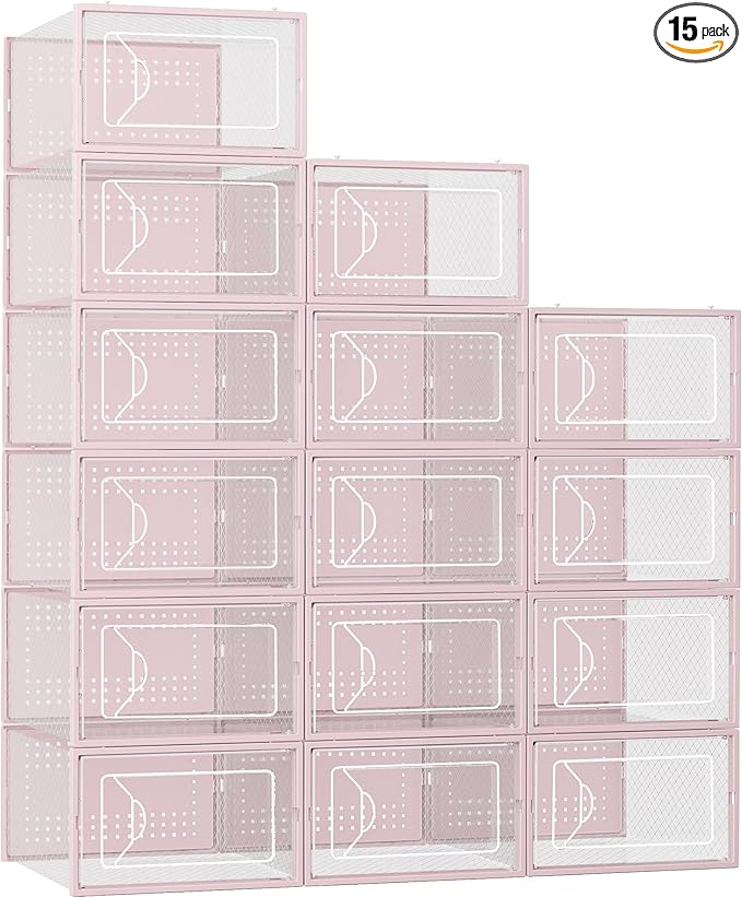 Shoe Storage Box, 15 Pack Clear Plastic Stackable Shoe Organizer for Closet, Interlocking Design Shoe Container Bins for Sneakers, Foldable Shoe Rack with Lids, Pink-NeatNest