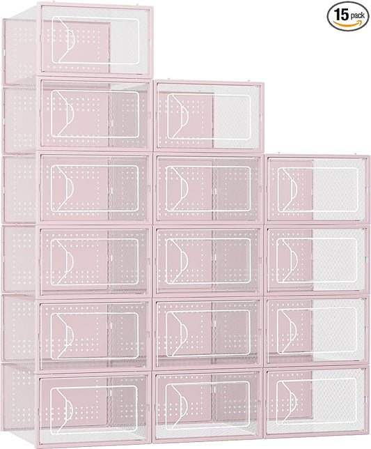 Shoe Storage Box, 15 Pack Clear Plastic Stackable Shoe Organizer for Closet, Interlocking Design Shoe Container Bins for Sneakers, Foldable Shoe Rack with Lids, Pink-NeatNest
