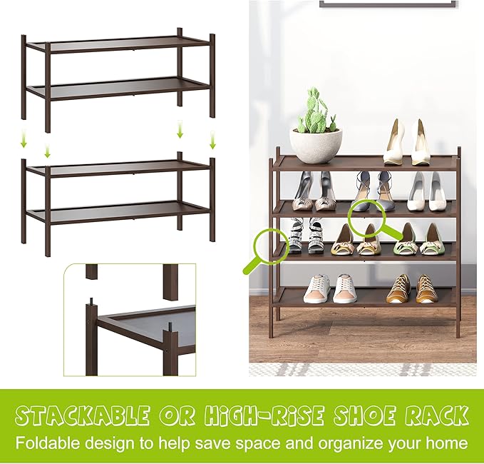 BMOSU 2-Tier Bamboo Shoe Rack Premium Stackable Shoe Shelf Storage Organizer for Hallway Closet Living Room Entryway Organizer(Brown)-NeatNest