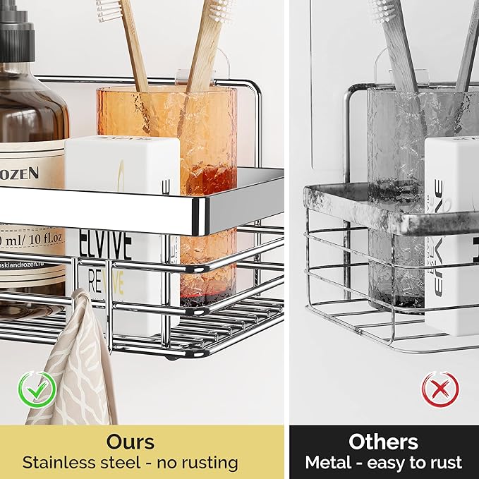Orimade Adhesive Shower Caddy Soap Dish Holder Shelf with 5 Hooks Bathroom Organizer Basket Kitchen Storage Rack Wall Mounted No Drilling Stainless Steel - 3 Pack,Silver