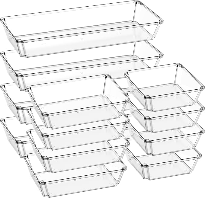 12 Pack Large Clear Plastic Drawer Organizer Trays, Desk Drawer Organizers and Storage Dividers, Non-Slip Storage Bins for Jewelry, Snacks, Office, Bathroom, Bedroom and Kitchen-NeatNest