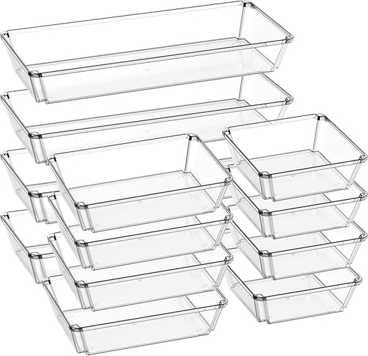 12 Pack Large Clear Plastic Drawer Organizer Trays, Desk Drawer Organizers and Storage Dividers, Non-Slip Storage Bins for Jewelry, Snacks, Office, Bathroom, Bedroom and Kitchen-NeatNest