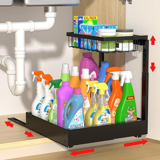 Expandable Under Sink Organizer and Storage, 2-Tier Adjustable Pull-Out Cabinet Organizers, Slide-Out Shelf with Width (9.9"-15.7") & Height (11.6"-15.6") for Kitchen & Bathroom-NeatNest