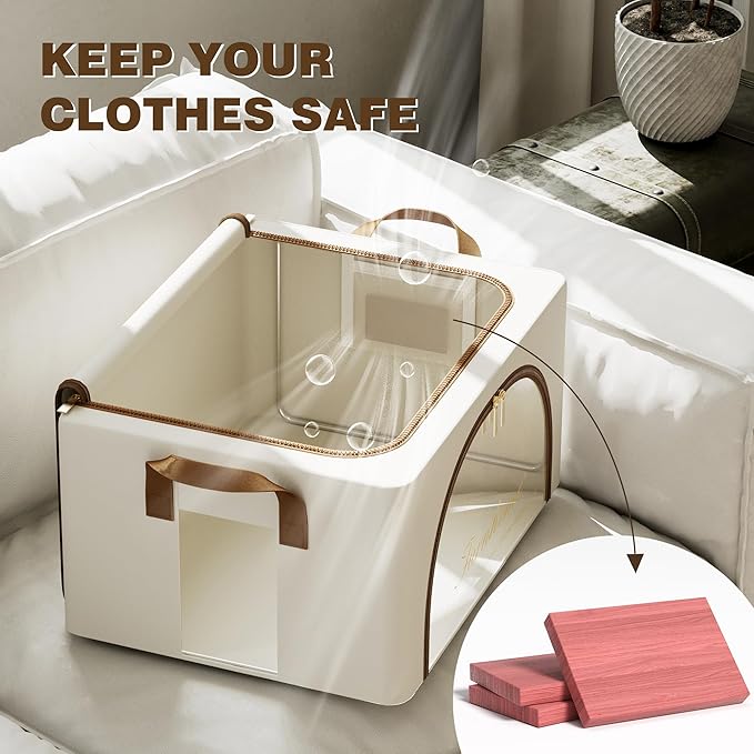 Furnhome 3 pack Clothes Storage Bins with metal Frame, sweater storage for closet, Stackable Storage bins for clothes, Foldable Clothing Storage bins with Cedar Blocks& Windows&Zippers|24L-Off White
