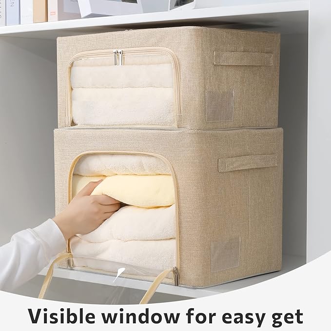 2 Pack Clear Window Storage Bins Foldable Fabric Storage Bins Boxes for Clothes Stackable Box Organizer Set with Carrying Handles (Beige, 22L,15.7x 11.8x 7.8 Inch)-NeatNest