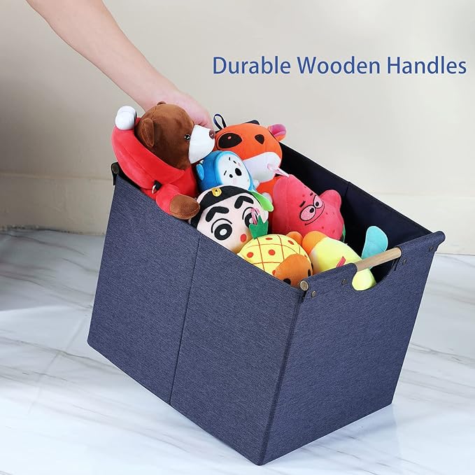 HOONEX Large Foldable Storage Bins, Linen Fabric, Pack of 2, Storage Baskets with Wooden Carry Handles and Sturdy Heavy Cardboard, for Home, Office, Car, Nursery, Blue