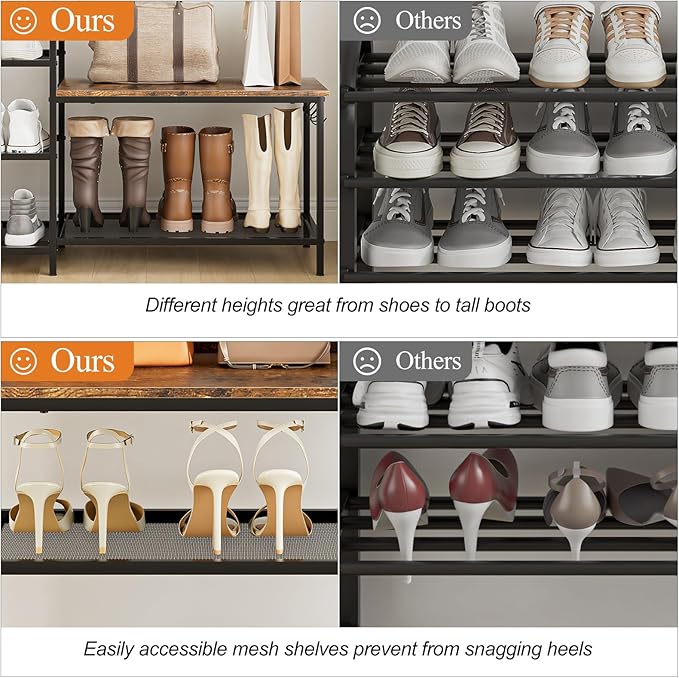 Shoe Rack Bench Storage Organizer for entryway,6-Tier Industrial Free Standing Shoe and Boot Racks with Seat,Entrance Shoe Rack Organizer Shelves for High Heels,Hallways, Closets,Brown,48.7in-NeatNest