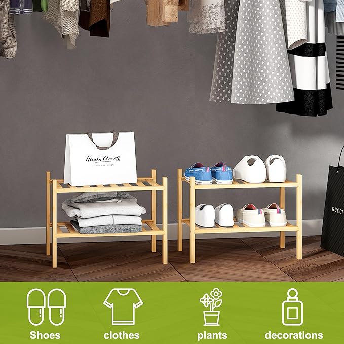 BMOSU 2-Tier Bamboo Small Shoe Rack Premium Stackable Shoe Shelf Storage Organizer for Hallway Closet Living Room Entryway Organizer (Natural Bamboo)-NeatNest