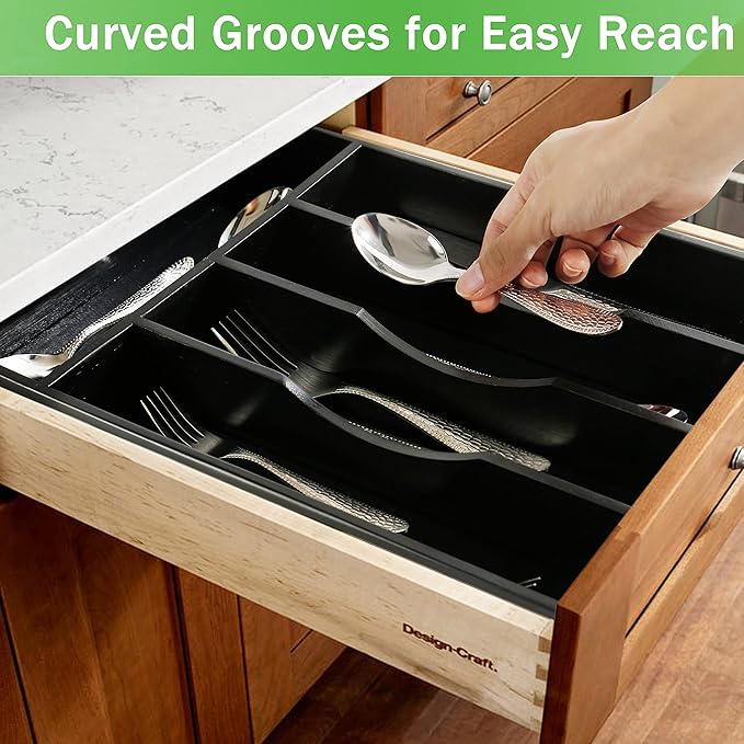 Greenual Black Silverware Organizer 10 In Utensil Organizer Silverware Tray for Drawer Cutlery Flatware Organizer for Kitchen Bamboo Wood-NeatNest
