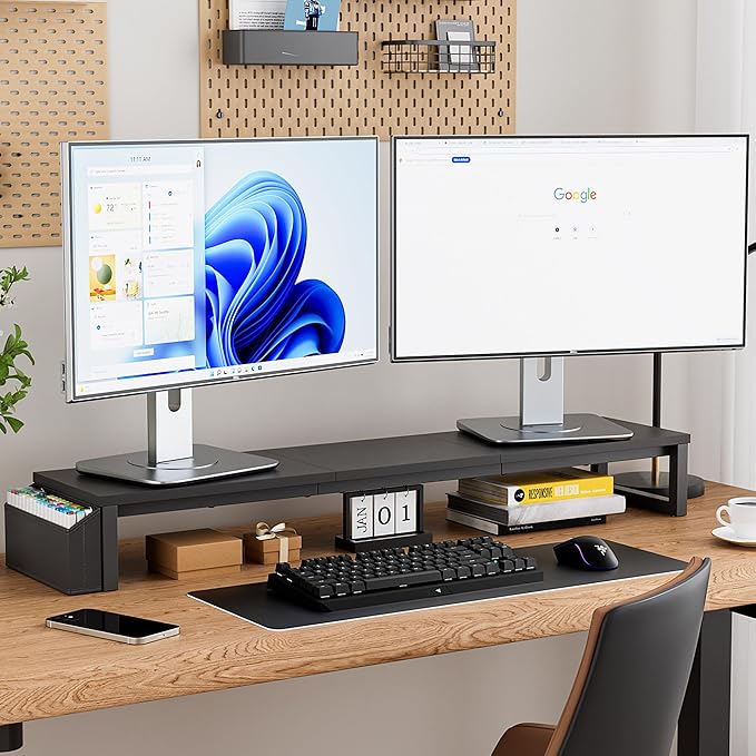Dual Monitor Stand Riser, 41.5'' Extra Long Wood Monitor Stand Desktop Organizer with Side Pocket, Ergonomic Monitor Riser Supports 2 Monitors,TV,Laptop,Printer for Home Office, Black