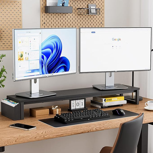 Dual Monitor Stand Riser, 41.5'' Extra Long Wood Monitor Stand Desktop Organizer with Side Pocket, Ergonomic Monitor Riser Supports 2 Monitors,TV,Laptop,Printer for Home Office, Black