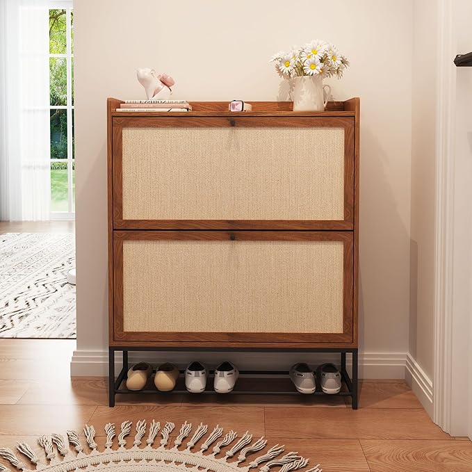 AVZEAR Narrow Shoe Storage Cabinet for Entryway with 2 Flip Drawers, Freestanding Shoe Cabinet with Natural Linen Panel, Slim Wood Shoe Organizer Closed Shoe Rack for Hallway, Foyer(Walnut)-NeatNest