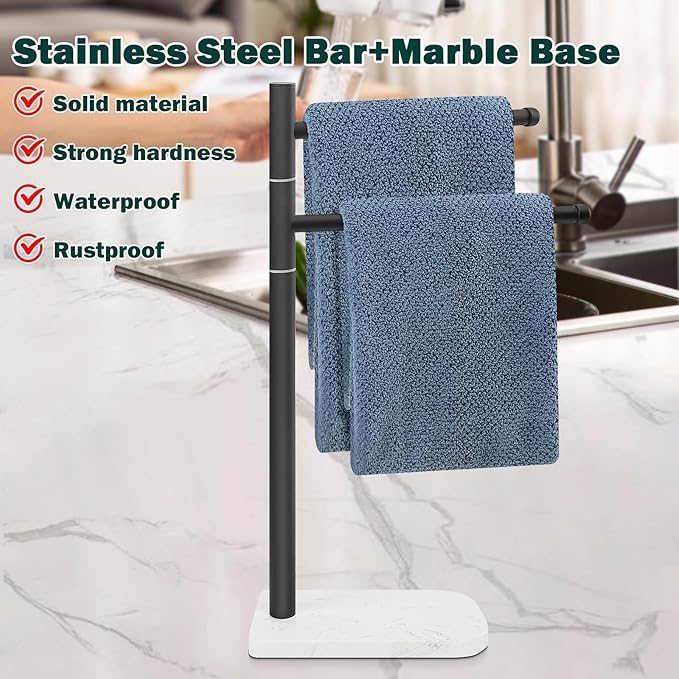 Hand Towel Holder, F-Shape Hand Towel Stand with Marble Base, Stainless Steel Swivel Hand Towel Rack Bar Standing for Bathroom Kitchen Countertop, 2 Arms (Matte Black)