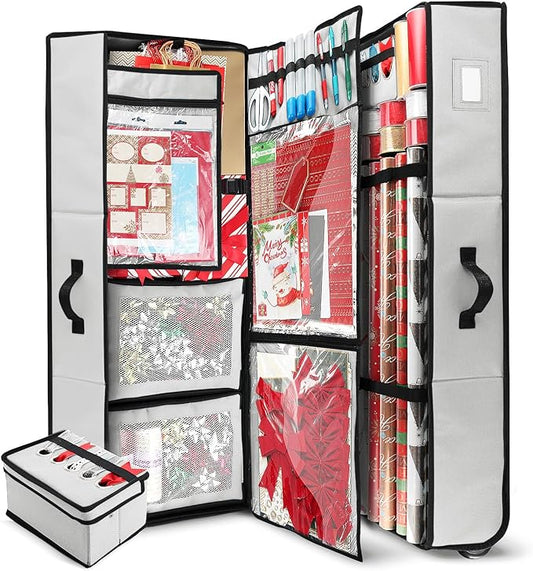 Hearth & Harbor Wrapping Paper Storage Container with Ribbon Dispenser and Interior Pockets - Large Christmas Storage Containers with Wheels, Fits 30 Rolls of 40" Length, Silver-NeatNest
