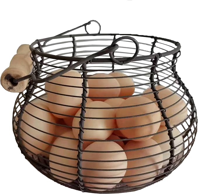 LINCOUNTRY. Farmhouse Wire Egg Baskets for Gathering Fresh Egg With Handle, Round Metal Chicken Basket Collecting Fresh Egg Holder, Vintage Style for Countertop Kitchen