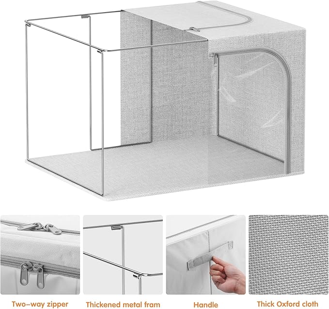 3 Pack Clothes Storage Bins with Metal Frame, Stackable & Foldable Linen Storage Box with Lids, Closet Organizers And Storage For Bedding, Blanket, Sweater, Baby Clothes. (Large 66L)-NeatNest