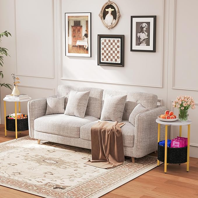 Giantex Round End Table Set of 2, Small Side Tables w/Removable Fabric Basket, Modern Bedside Tables w/Metal Frame, Sofa Couch Accent Tables for Small Space Living Room, Nightstand for Bedroom