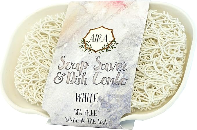 Aira Soap Saver - Dish & Holder Accessory - USA Made - BPA Free Shower & Bath Holder - Drains Water, Circulates Air, Extends Soap Life - Fits All Dish Sets - White Combo-NeatNest