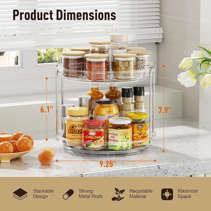 2 Tier Lazy Susan Organizer, 9.25'' Lazy Susan Turntable for Cabinet, Stackable Turntable Organizer Rotating Spice Rack Organization for Kitchen Countertop, Pantry, Bathroom, Clear-NeatNest